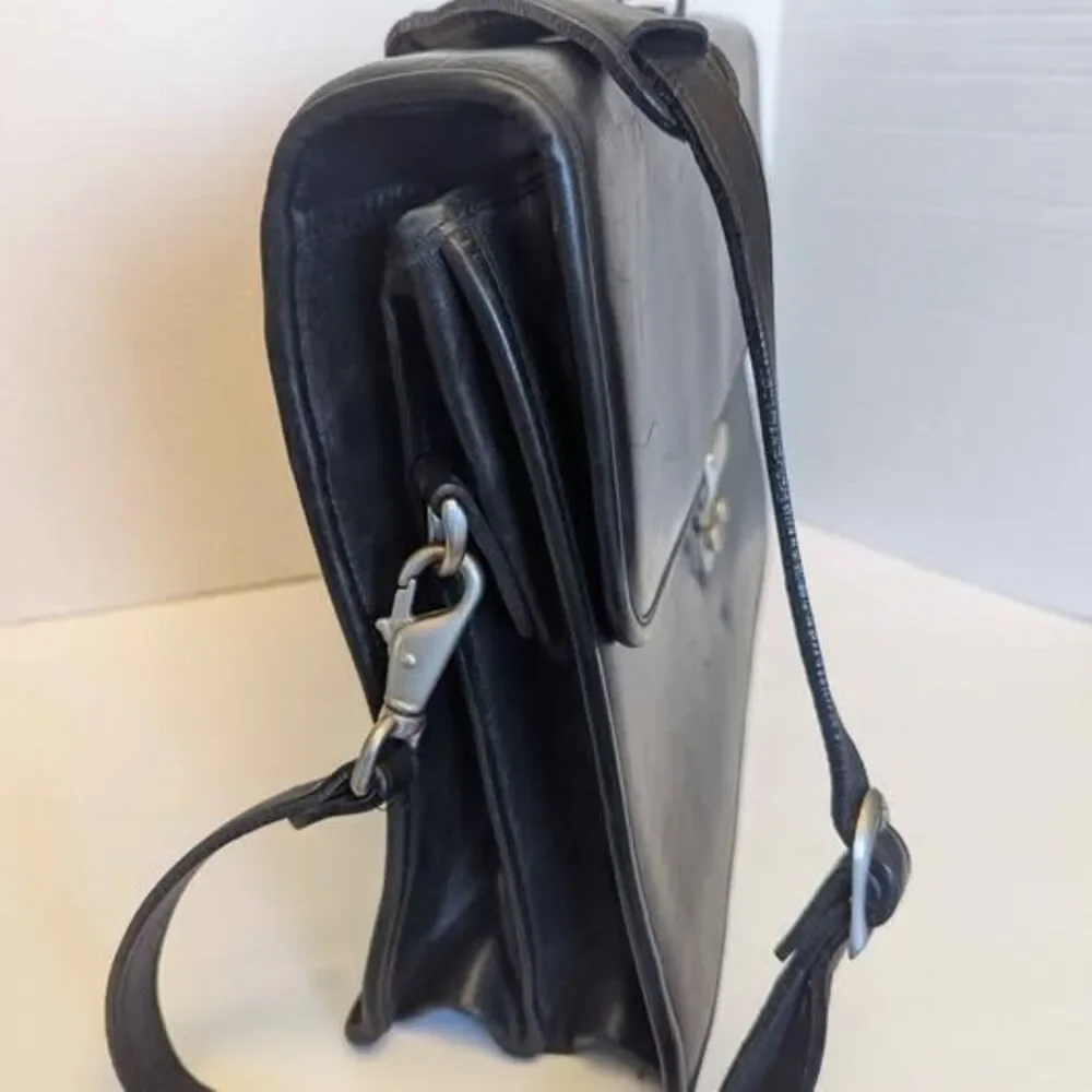 Vintage Amiet Black Leather Crossbody Messenger Briefcase Book Bag 16x12x4